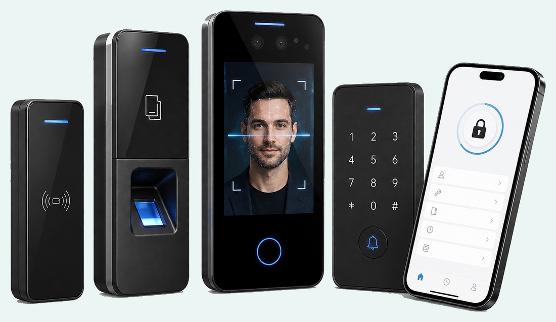 Access control system with card and biometric readers, keypad and controller