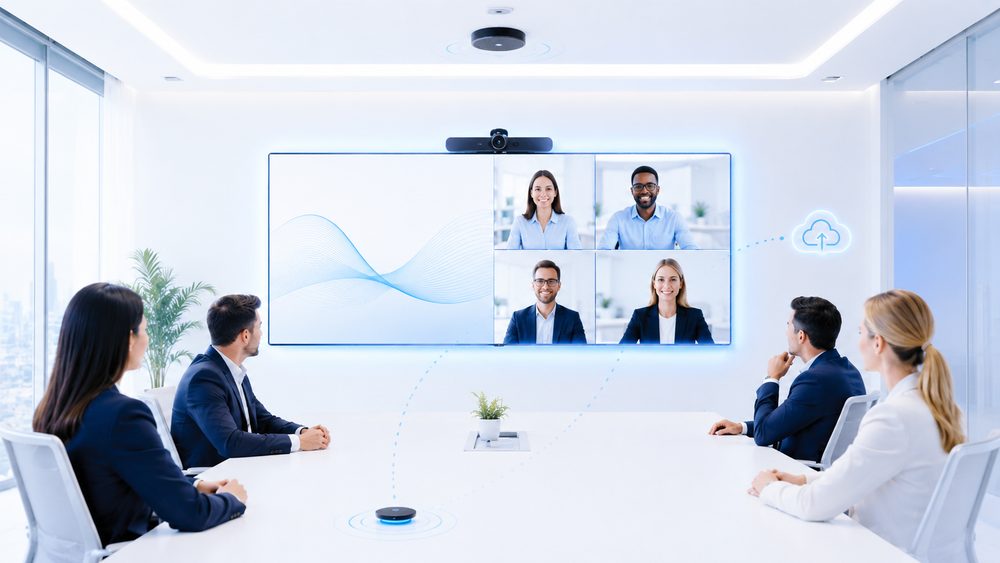 Boardroom AV and video conferencing setup with large display, camera, speakers and touch control panels