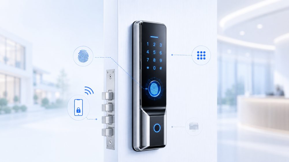 Smart digital door lock with fingerprint, PIN keypad, RFID card and smartphone app access