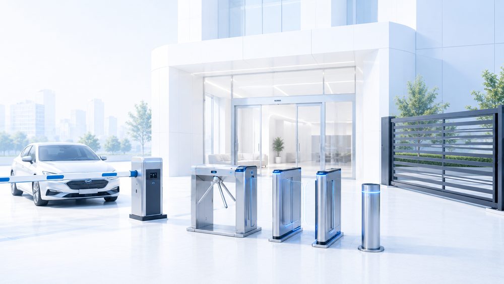 Entrance solutions with boom barrier, turnstiles, bollards, facial-recognition reader and automatic doors