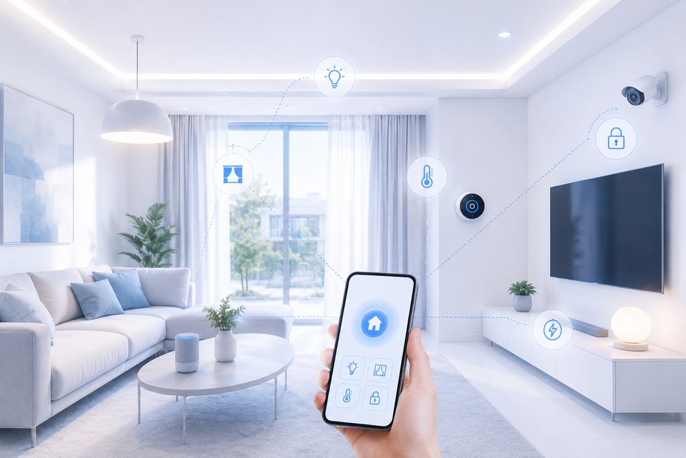 Smart home automation - app-controlled lighting, climate, curtains, security and energy