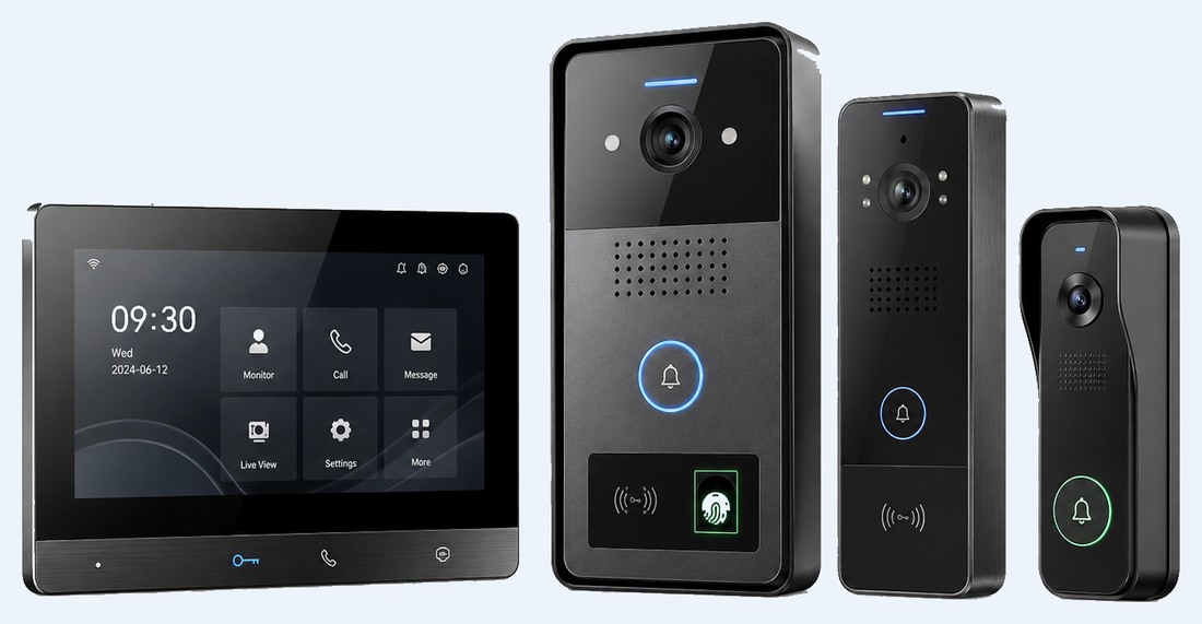 Video door phone system with door entry panels, indoor monitor and doorbell camera