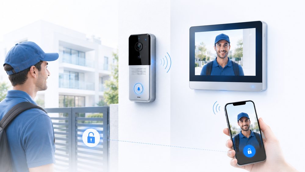 Video door phone with outdoor doorbell camera, indoor monitor and smartphone app for apartments
